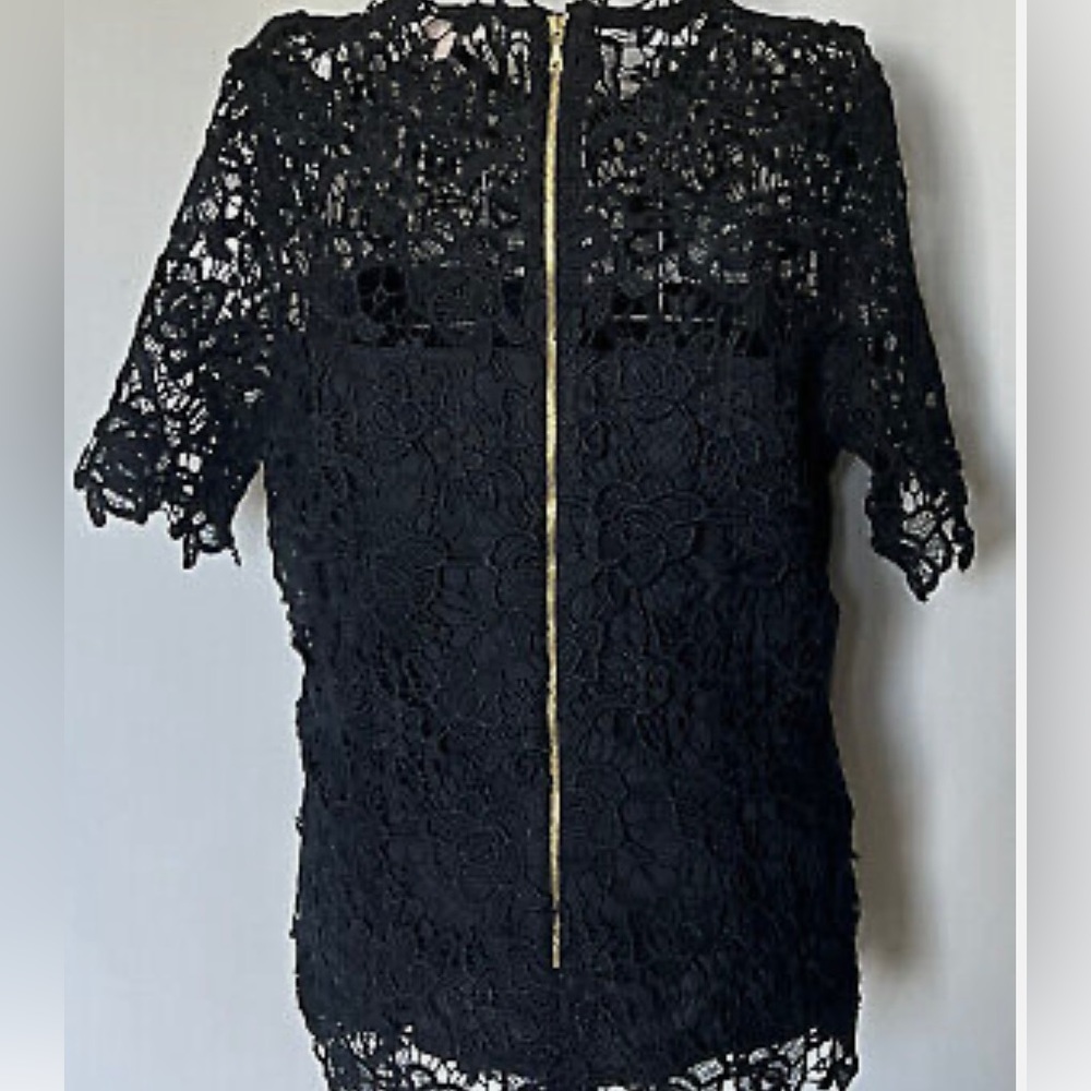 Anthropologie Nanette Lepore Embroidered Crochet Laced Dark Navy Shirt - Picture 6 of 8